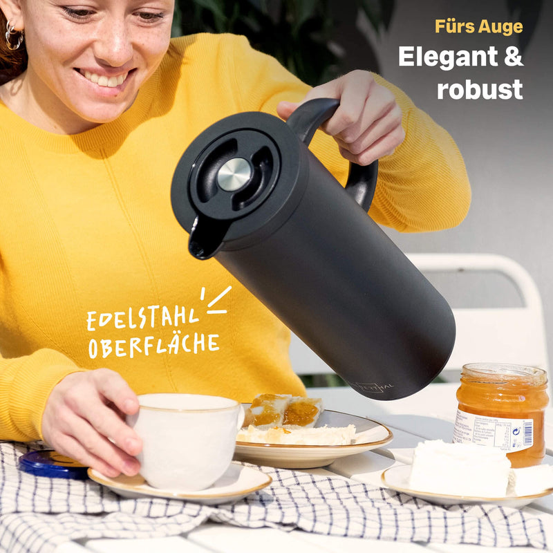 SILBERTHAL Thermoskanne 1l Edelstahl - Doppelwandige Isolierkanne mit Drehverschluss & Glaseinsatz - Moderne Kaffeekanne in Schwarz Matt