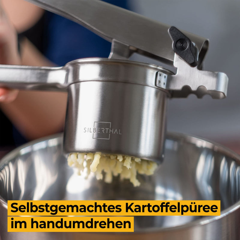 SILBERTHAL Kartoffelpresse Edelstahl - Spaghettieispresse - Läuft nicht über - Einlegescheiben inklusiv - Spülmaschinenfest - Verbesserte Version 2023
