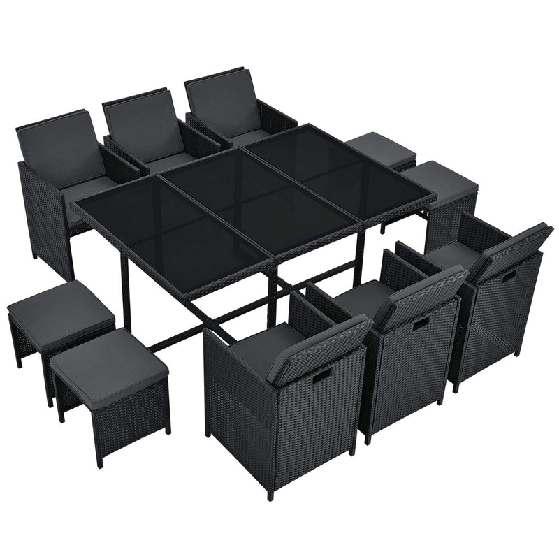 Juskys Polyrattan Sitzgruppe Baracoa XL 11-teilig wetterfest & stapelbar — Gartenmöbel Set mit 6 Stühle, 4 Hocker & Tisch für Garten & Terrasse
