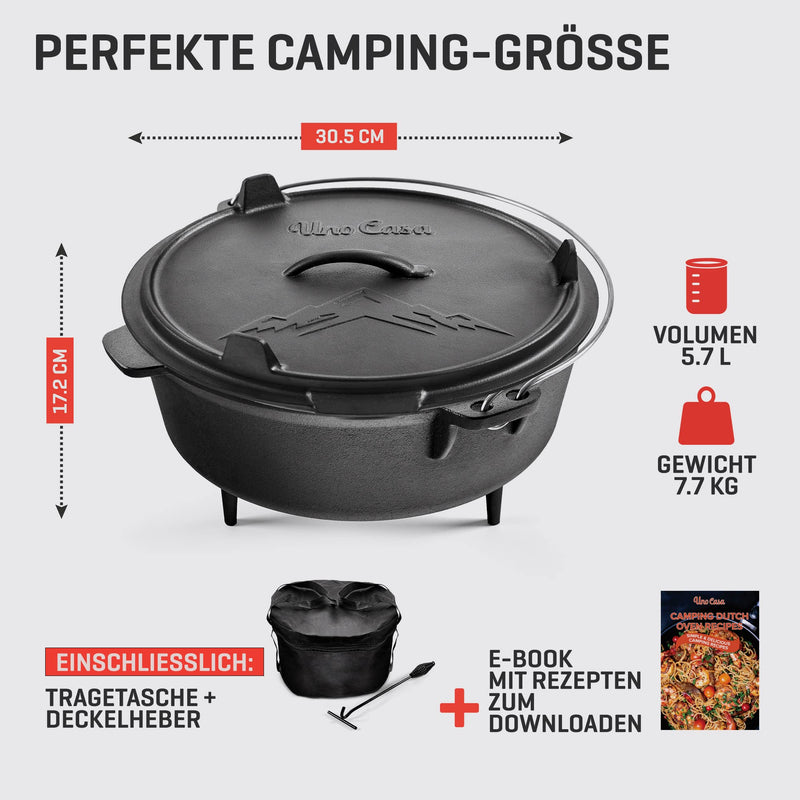 Uno Casa Camping Dutch Oven Set aus Gusseisen - 5,7 L Vorbehandelter Camping Dutch-Oven Feuertopf mit Deckel - Deckel als Gusseisenpfanne Verwendbar - Deckelheber und Tragetasche inklusive