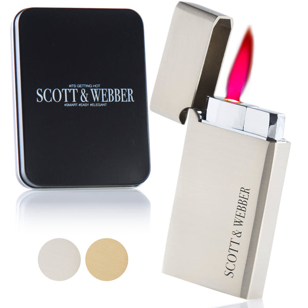 Scott & Webber® - Sturmfeuerzeug mit Jetflamme - Nachfüllbares Feuerzeug aus Metall einstellbar bis 1300°C - Inkl. edler Metallbox (Silber Square)