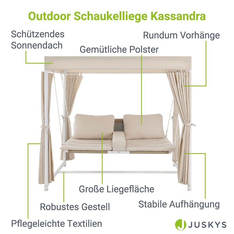 Juskys Garten Schaukelliege Kassandra - Outdoor Gartenliege mit Sonnendach und Vorhängen für 2 Personen - Hängeliege mit Polster für draußen - Weiß