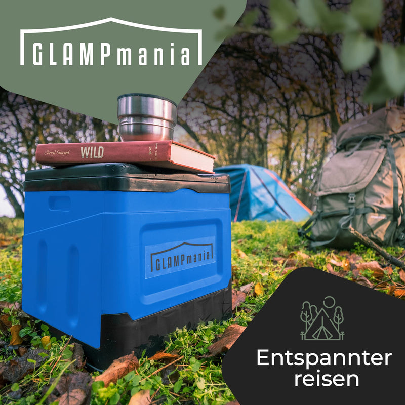 GLAMPmania Campingtoilette ohne Chemie [SEHR STABIL] für Tüten | Platzsparend, Flexibel und Clean | Die Mobile Toilette für Outdoor Camping, Festival, EDC, Zelten | Blau