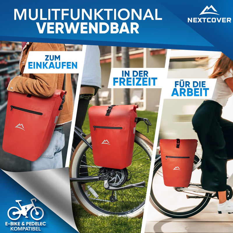 Nextcover® NEU Multifunktionale Fahrradtasche für Gepäckträger [27L] I Gepäckträgertasche für Fahrrad 100% Wasserdicht I Fahrrad Tasche mit Reflektoren inkl. abnehmbarem Schultergurt & Tragegriff