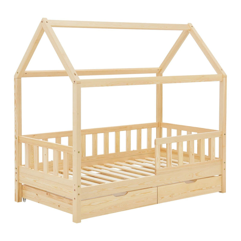 Juskys Kinderbett Marli 80 x 160 cm mit Bettkasten 2-teilig, Rausfallschutz, Lattenrost & Dach - Massivholz Hausbett für Kinder - Bett in Natur