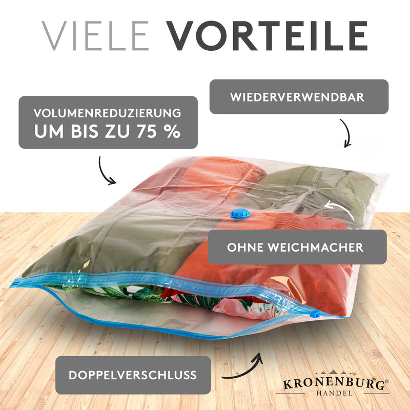 Kronenburg Vakuumbeutel für Kleidung 74x130cm + 50x86cm, 10er Set - Vakuum Kleiderbeutel wiederverwendbar-Aufbewahrungsbeutel für Kleidung Bettwäsche Winterkleidung und mehr - weitere Sets wählbar
