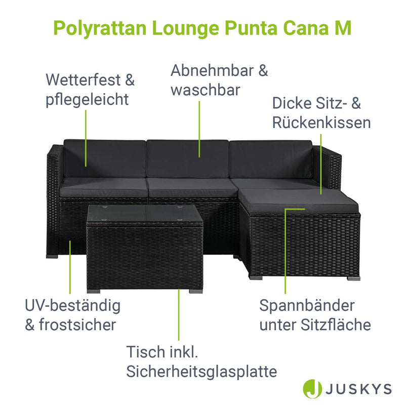 Juskys Polyrattan Lounge Punta Cana M wetterfest mit 3er Sofa, Hocker, Tisch & Kissen - 3-4 Personen - Gartenlounge Gartenmöbel Set schwarz/grau