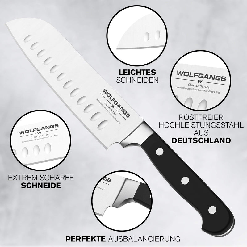 Wolfgangs hochwertiges Santoku Messer - Sushi Messer extrascharfe rostfreie Premium-Klinge - Santokumesser aus deutschem Hochleistungsstahl - Santoku