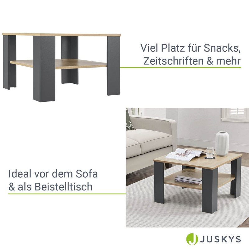 Juskys Couchtisch mit Ablage 60x60x40 cm - Holz, pflegeleicht, robust - Moderner Beistelltisch für Zeitschriften & Fernbedienung — Grau mit Holzoptik