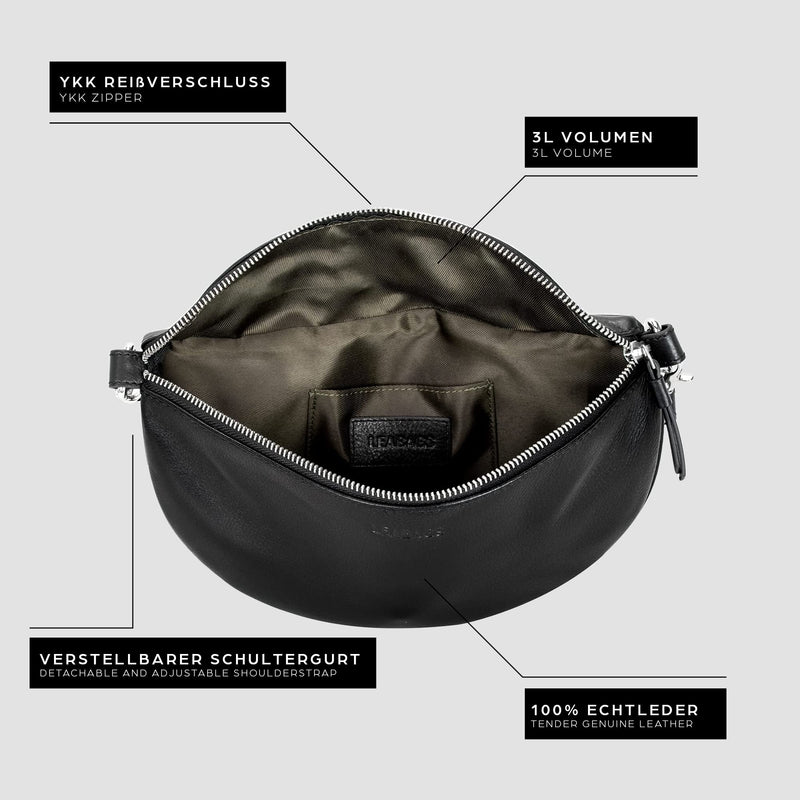 LEABAGS Bogota große Bauchtasche aus echtem Leder| Gürteltasche mit Reißverschluss | Crossbody Bag für Damen | 27x7x16 cm | Brusttasche Schwarz