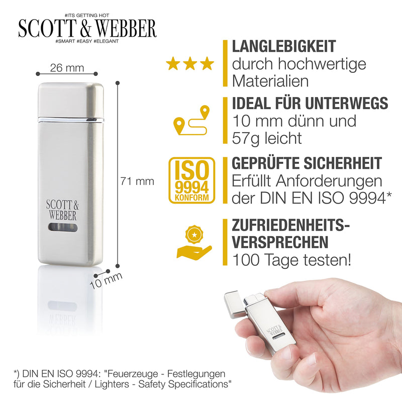 Scott & Webber® - Sturmfeuerzeug mit Jetflamme - Nachfüllbares Feuerzeug aus Metall einstellbar bis 1300°C - Inkl. edler Metallbox (Silber Master)