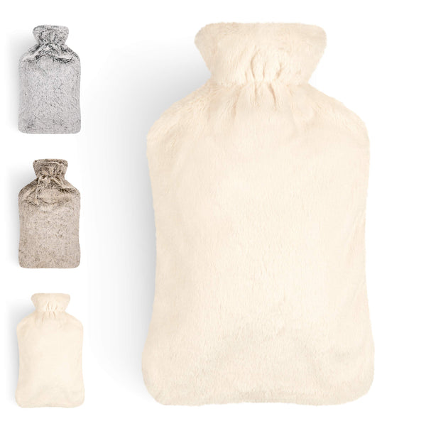 Blumtal Premium Wärmflasche mit Bezug in Kunstfelloptik - Wärmeflasche mit Kuschelweichem Fellbezug zur Schmerzlinderung, Auslaufsichere Bettflasche aus Naturkautschuk für Kinder und Erwachsene, Weiß