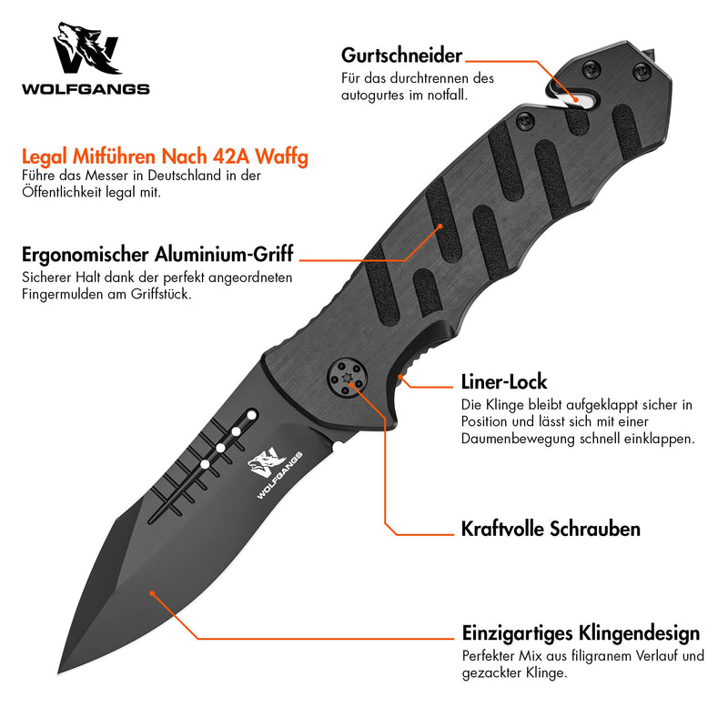 Wolfgangs AUXILUM Zweihand Rettungsmesser Set aus 440C Stahl - LEGAL in Deutschland zu führen mit Glasbrecher & Gurtschneider - Survival Klapp-Messer Outdoor-Messer - Mit Premium Messerschärfer