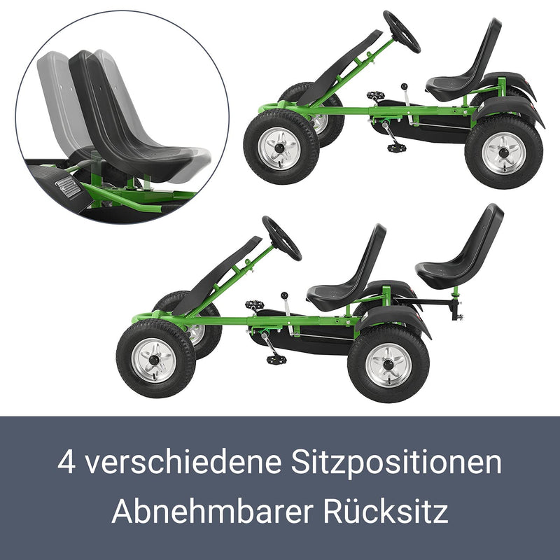 ArtSport 2-Sitzer GoKart — Tretauto für Kinder mit höhenverstellbarem Lenkrad & 2 Schalensitzen — Go-Kart mit Luftreifen & Stahl-Felgen in Grün