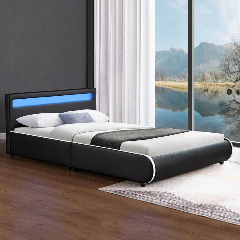 Juskys Polsterbett Sevilla 140 x 200 cm - Französisches Bett mit Matratze, Lattenrost & LED — Holz & Kunstleder - schwarz — Jugendbett Gästebett