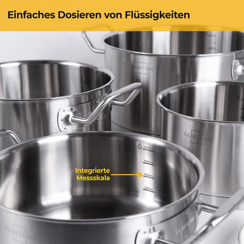 SILBERTHAL Topfset Induktion - 4-teilig - Edelstahl Kochtopf Set mit Glasdeckel - Unbeschichtet - Für alle Herdarten - Ofenfest