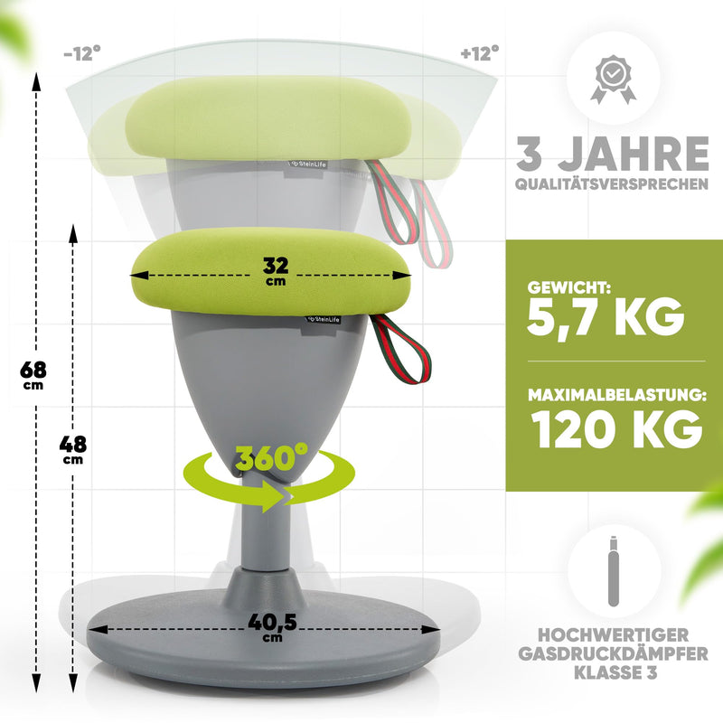 SteinLife Cone - Sitzhocker ergonomisch mit Schwingeffekt - [Höhenverstellbar] - Bürohocker Arbeitshocker Drehhocker Hocker für Büro und Arbeitszimmer [rutschfest] | Farbe wählen (Grün)