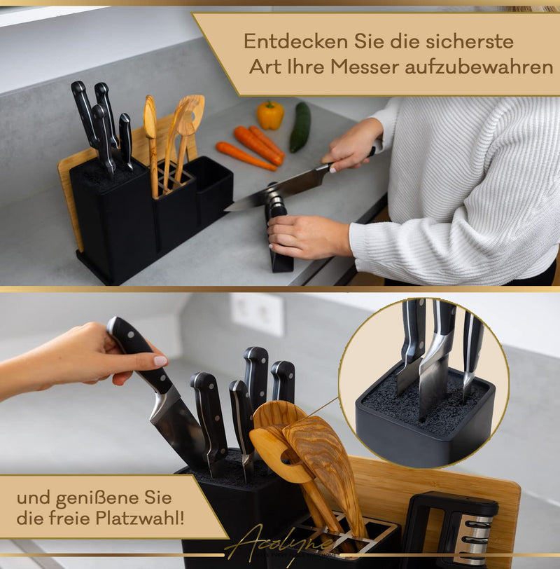 Acolyne Premium Messerblock unbestück aus [Hochwertigem Harz] inkl. Schneidebrett & Messerschärfer geeignet als Küchenorganizer | Messerhalter | Küchenutensilienhalter | Küchenhelfer - Rebolet.Shop