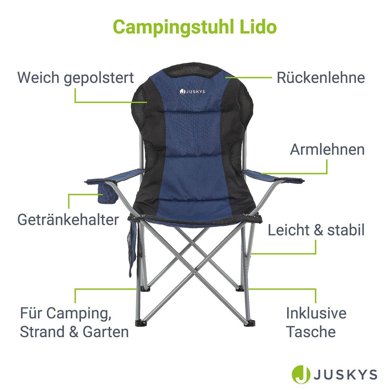 Juskys Campingstuhl Lido faltbar inkl. Getränkehalter, Seitentasche & Tragetasche - Camping Klappstuhl gepolstert mit Armlehne & Rückenlehne - Blau