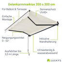 Juskys Markise 350 x 300 cm - Beschattung Terrasse & Balkon - Gelenkarmmarkise mit Kurbel & Halterung - Sonnenschutz Balkonmarkise Gelenkmarkise Beige