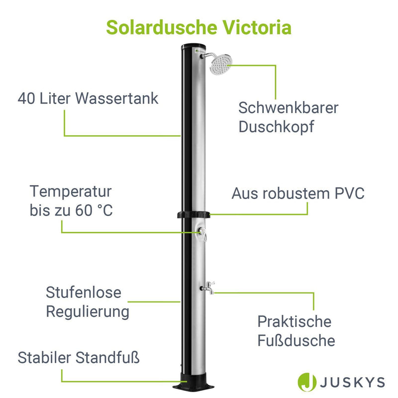 Juskys Solardusche Victoria 40 Liter - bis 60°C — mit schwenkbarem Duschkopf, Fußdusche & Gartenschlauch Anschluss Gartendusche Außendusche