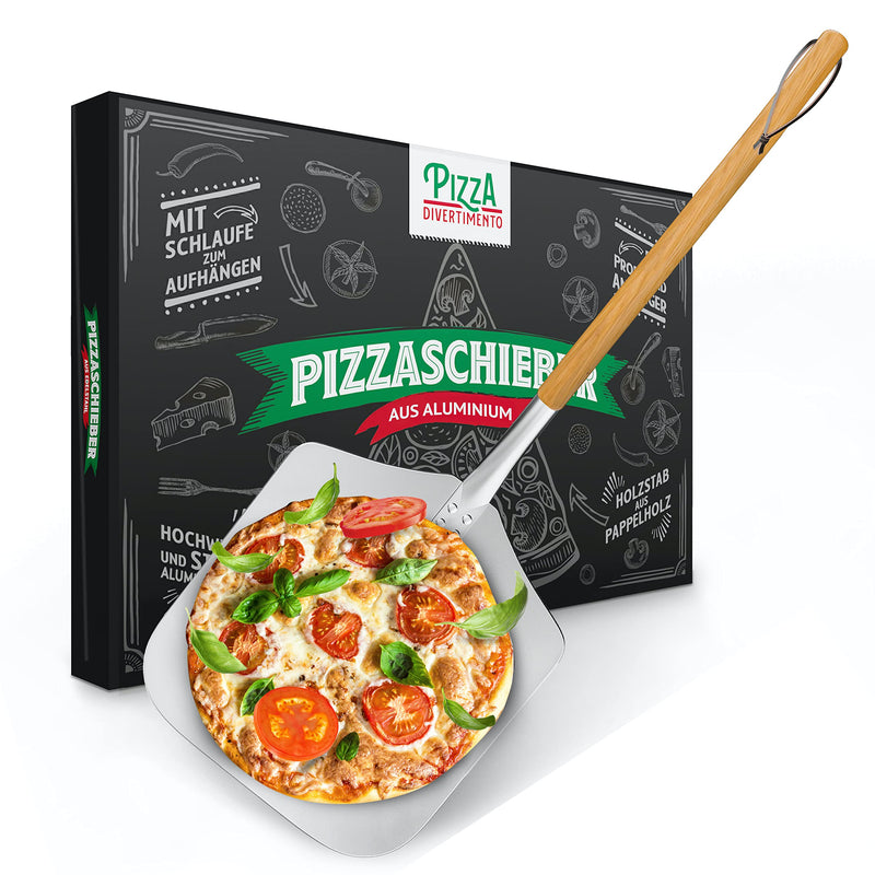 Pizza Divertimento [DAS ORIGINAL - Pizzaschieber - Pizzaschaufel aus rostfreiem Aluminium [83 cm]- Robustes Gewinde - Pizzaheber mit abgerundeten Kanten - Inkl. e-Rezeptbuch