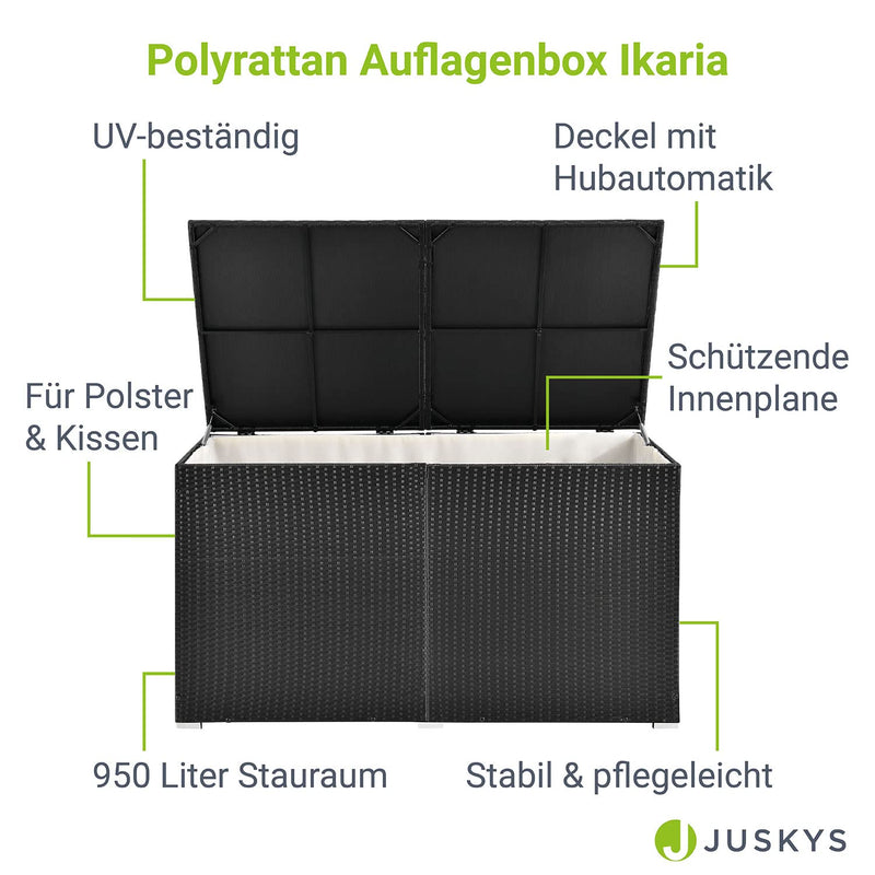 Juskys Polyrattan Auflagenbox Ikaria 950 L mit Deckel mit Hubautomatik & Innenplane — Kissenbox 145 x 82 x 79 cm für Garten — Gartenbox schwarz