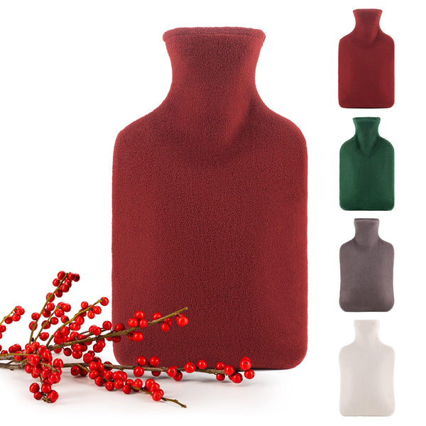 Blumtal Wärmflasche mit Bezug aus Polar Fleece - Auslaufsichere Wärmeflasche aus Naturkautschuk für Kinder und Erwachsene, Bettflasche zur Schmerzlinderung - Aurora Rot