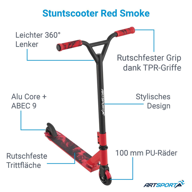 ArtSport Stunt Scooter Red Smoke - Trick Roller für Kinder & Jugendliche - 360° Lenker, 100 mm Alu Räder - Kinderroller Rot Schwarz