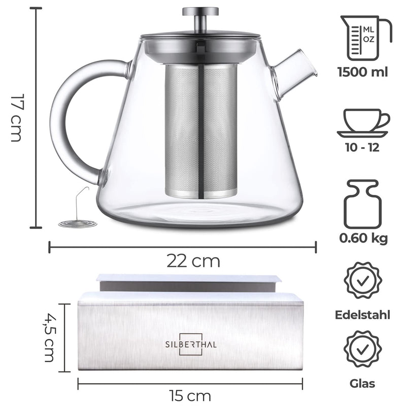 SILBERTHAL Teekanne mit Stövchen Set Glas - Mit Siebeinsatz - 1,5 Liter - Zum Warmhalten der Teekanne mit Teelicht