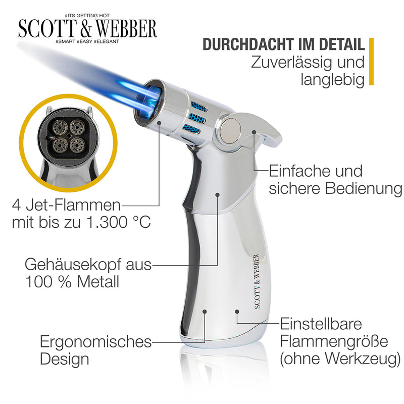 Scott & Webber® - Sturmfeuerzeug mit 4 Jetflammen - Nachfüllbares Feuerzeug, Gasfeuerzeug aus Metall einstellbar bis 1300°C