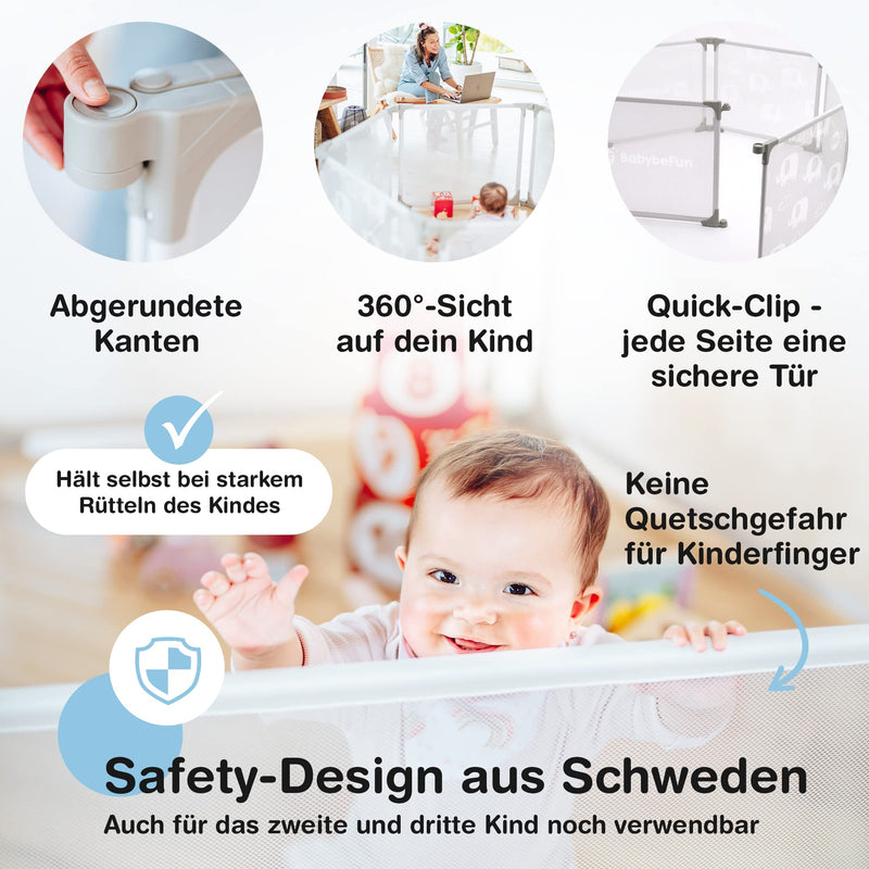 BabybeFun Laufstall Baby [Extra Stabil] Laufgitter faltbar/Kaminschutzgitter/Kinderschutzgitter zum Kochen Putzen Entspannen