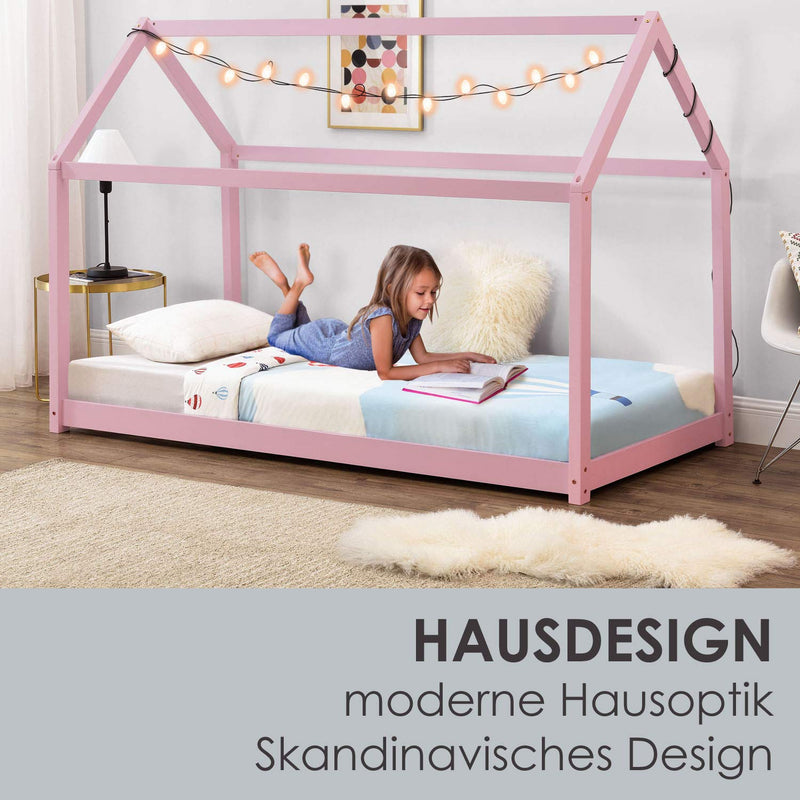 Juskys Kinderbett Carlotta 90x200 cm mit Lattenrost & Dach - Massivholz - max. 120 kg - Kinder Haus Bett Hausbett Bodenbett Mädchen Jungen Natur