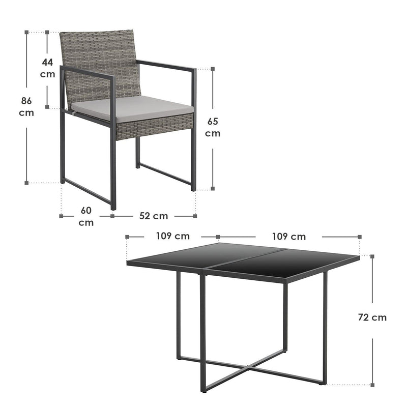 Juskys Polyrattan Sitzgruppe Bahamas M - Tisch, 4 Stühle & Kissen - Essgruppe für 4 Personen - Industrial Design - Gartenmöbel Set Grau