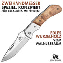 Wolfgangs MUTATIO Zweihand Klappmesser aus feinstem 440C Stahl - Outdoor Messer mit hochwertigem Wurzelholz Griff - Das perfekte Survival Messer oder Camping Messer - inkl. Echt-Leder Gürteltasche