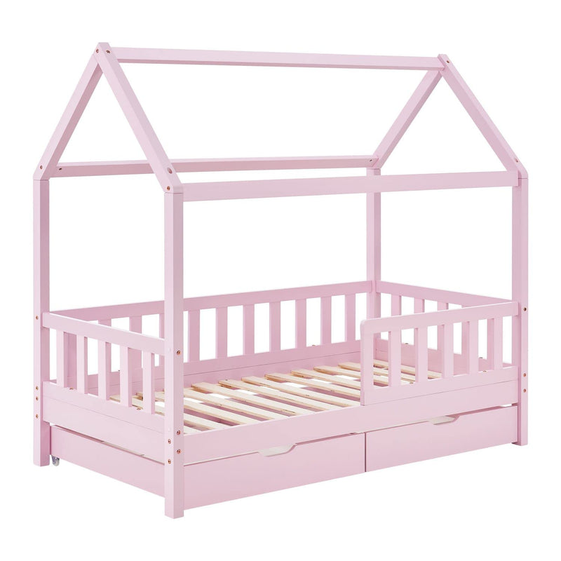 Juskys Kinderbett Marli 80 x 160 cm mit Bettkasten 2-teilig, Rausfallschutz, Lattenrost & Dach - Massivholz Hausbett für Kinder - Bett in Rosa
