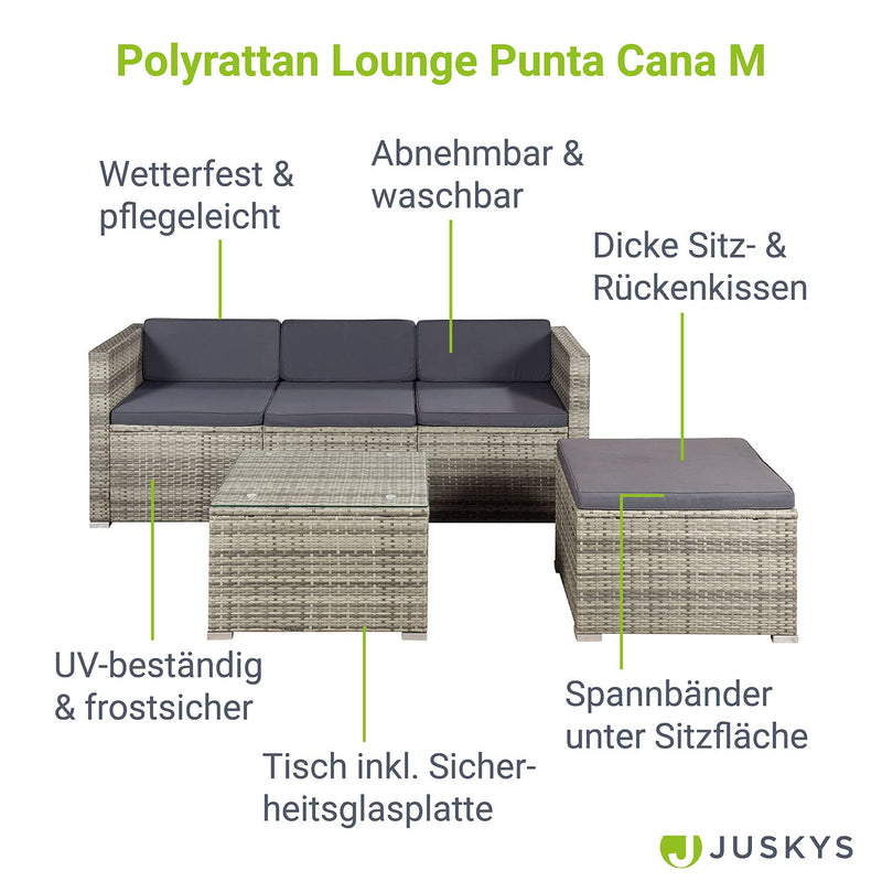 Juskys Polyrattan Lounge Punta Cana M wetterfest mit 3er Sofa, Hocker, Tisch & Kissen - 3-4 Personen - Gartenlounge Gartenmöbel Set grau meliert