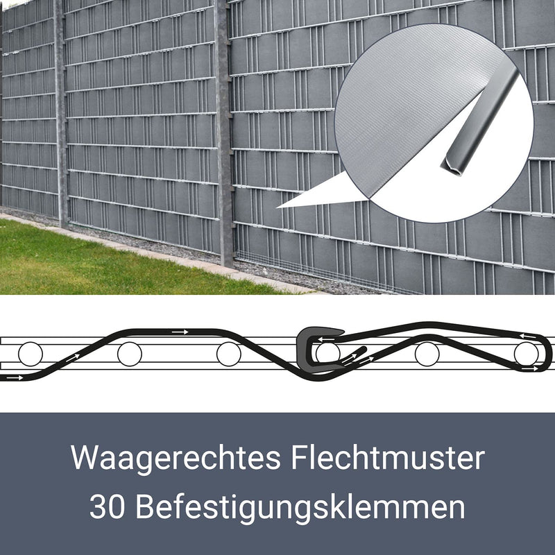Juskys PVC Sichtschutzstreifen Doppelstabmatten Zaun - 35m x 19 cm - 30 Befestigungsclips - hellgrau - Zaunfolie Sichtschutz Windschutz Garten Gartenzaun