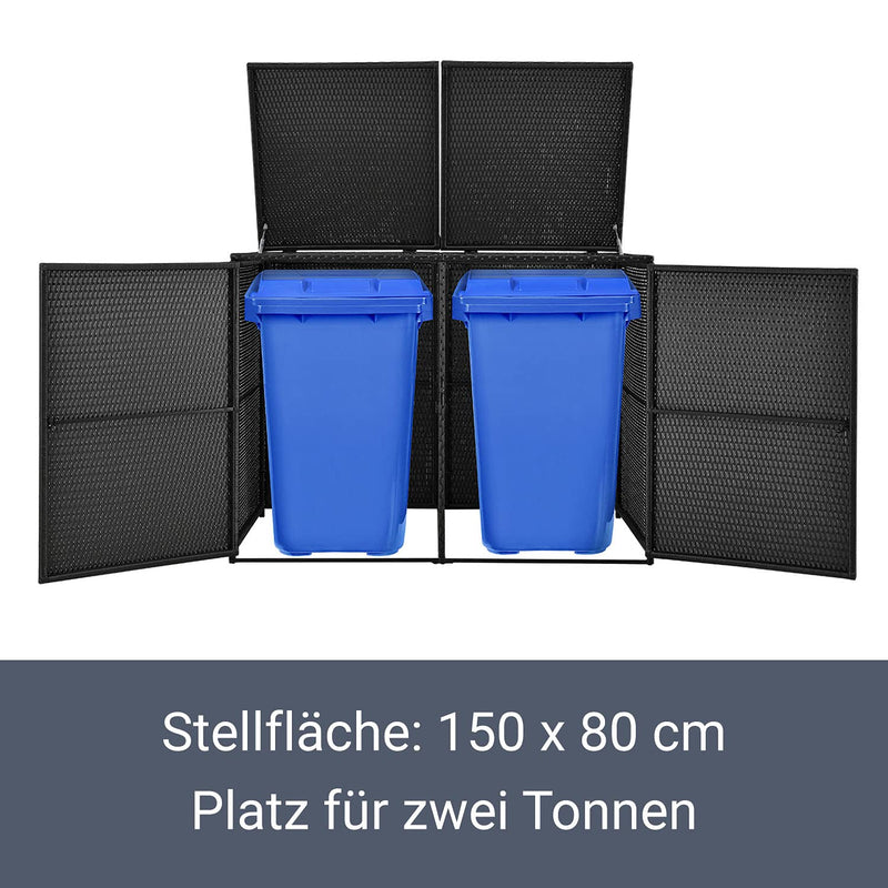 Juskys Mülltonnenbox Mol - Polyrattan Aufbewahrungsbox für 2 Tonnen mit Gasdruckfeder - verschließbar - 1,2 m² Mülltonnenverkleidung - schwarz
