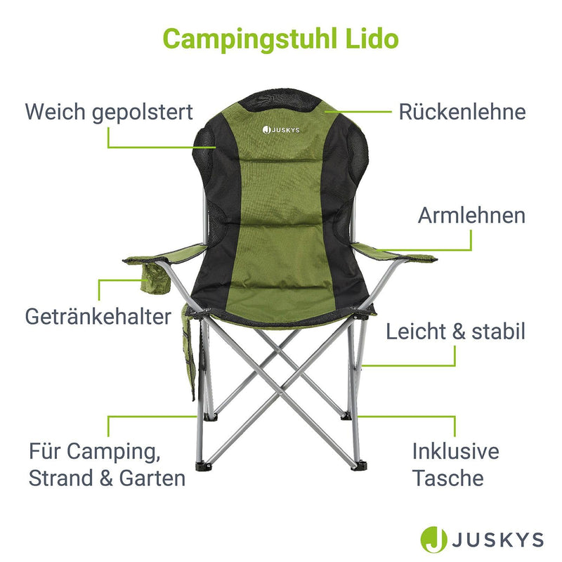 Juskys Campingstuhl Lido faltbar inkl. Getränkehalter, Seitentasche & Tragetasche - Camping Klappstuhl gepolstert mit Armlehne & Rückenlehne - Grün