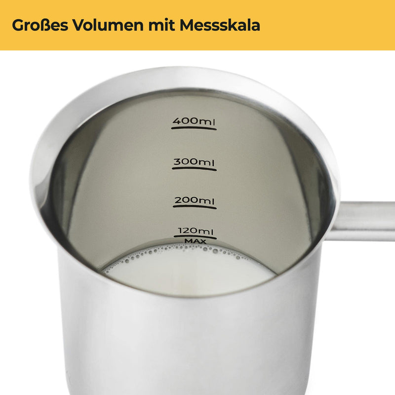 SILBERTHAL Milchaufschäumer Manuell Edelstahl - 400ml - Perfekter Milchschaum dank doppeltem Sieb und speziellem Drückmechanismus