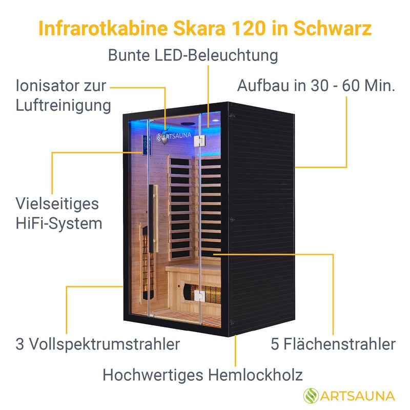 Artsauna Infrarotkabine Skara 120 mit 3 Vollspektrum- & 5 Flächenstrahler, 2 Personen, 120x105x190 cm, LED Farblicht & Glastür, Infrarotsauna Sauna