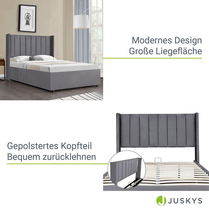 Juskys Polsterbett Savona 120x200 cm mit Matratze - Bett mit Bettkasten, Samt-Bezug - Bettgestell aus Holz, bis 250 kg, großes Kopfteil - Dunkelgrau