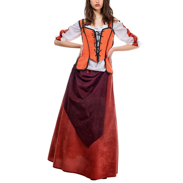 Elbenwald Mittelalter Wirtin Kostüm Damen orange weiß historisches Gewand für Feste u Karneval - S