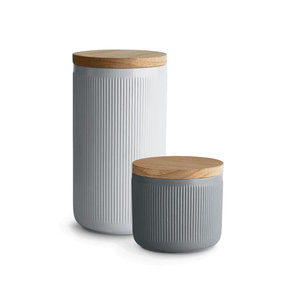 SPRINGLANE Keramik Vorratsdosen 2-tlg. Set mit Holzdeckel Stripes, Kautschukholz-Deckel, Aufbewahrungsdosen, Frischhaltedosen