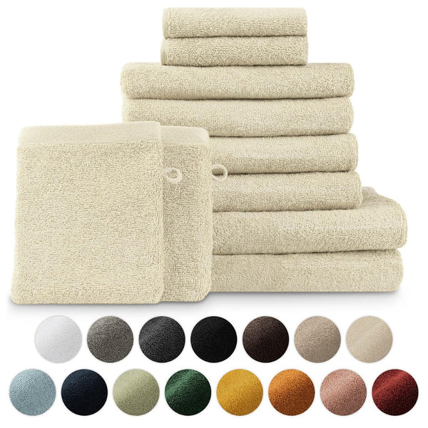 Blumtal Premium Frottier Handtücher Set mit Aufhängschlaufen - Baumwolle Oeko-TEX Zertifiziert, weich, saugstark - 2X Badetuch, 2X Handtuch, 2X Gästehandtuch, 2X Waschlappen, Sand (Beige)
