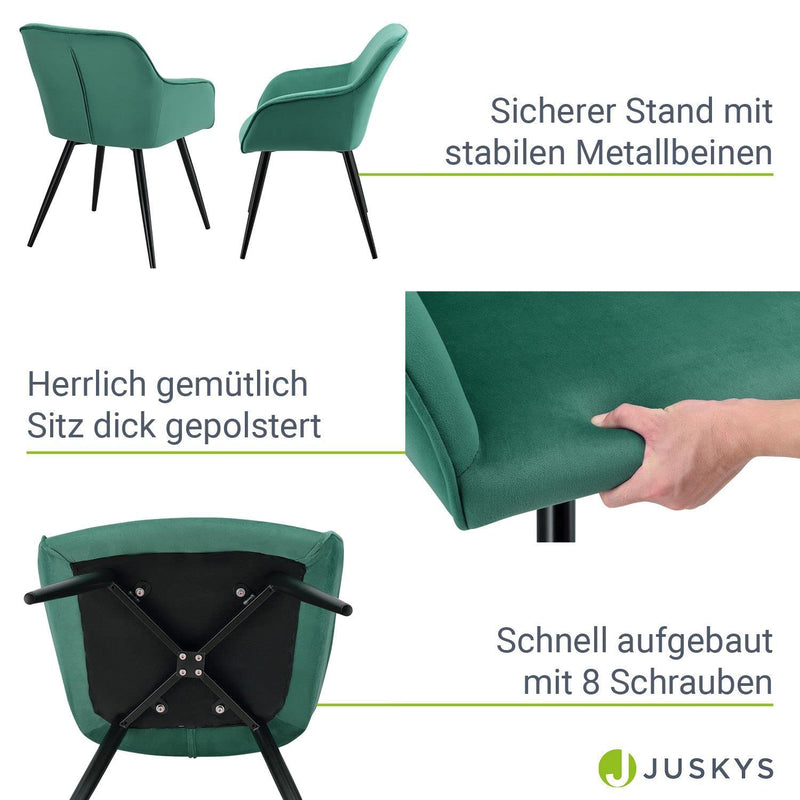 Juskys Esszimmerstühle 2er Set Tarje mit Rückenlehne & Armlehne, Metallbeine, Samt Bezug, bis 110 kg belastbar, 2 Stühle Esszimmer Küche Küchenstühle - grün