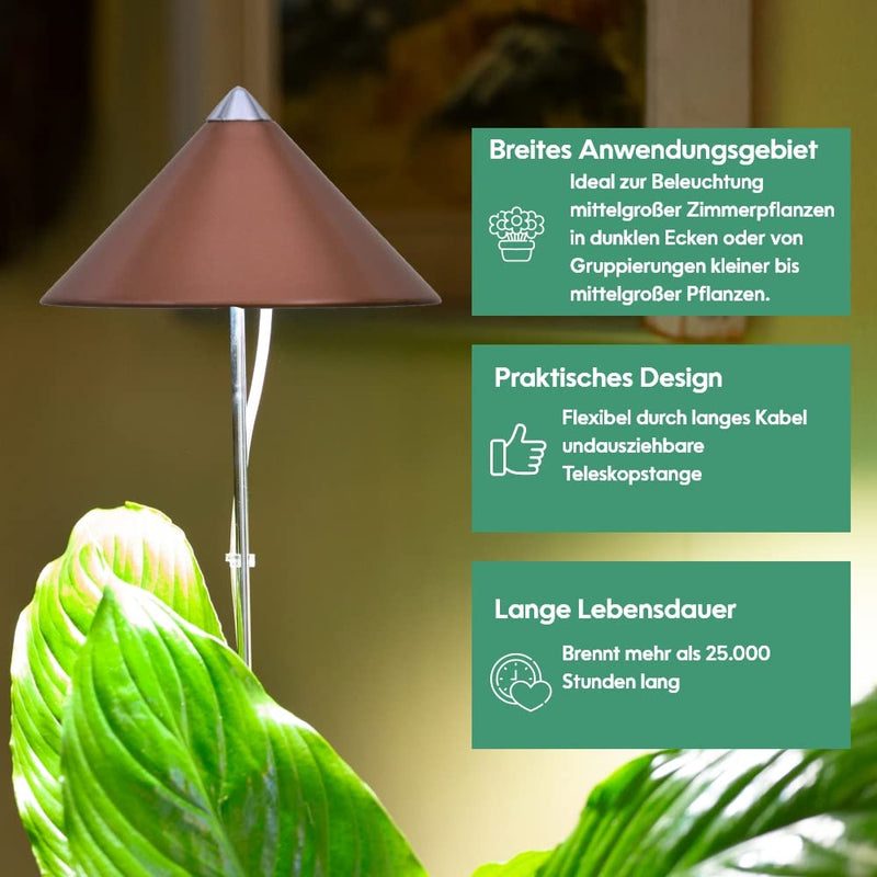 Parus by Venso SUNLiTE 7W LED Vollspektrum Pflanzenlampe Kupfer, Indoor Plants Pflanzen Beleuchtung, mit ausziehbarem Teleskopstab, Parus Pflanzenlampe für kleine und mittelgroße Zimmerpflanzen