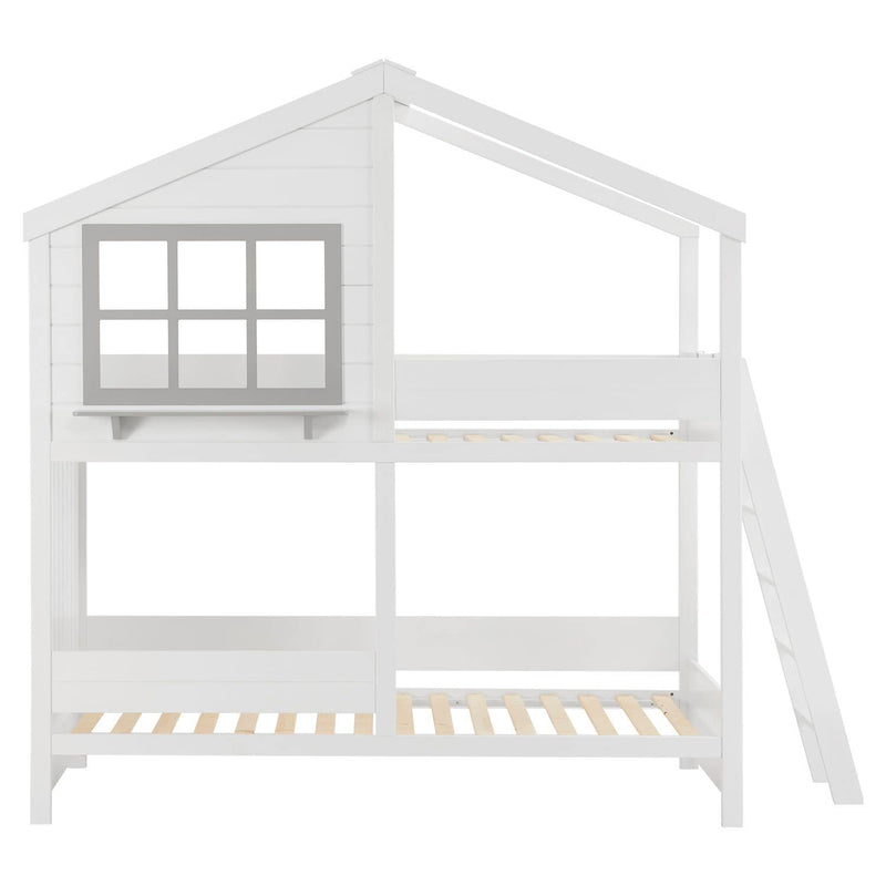 Juskys Kinder Hochbett Traumhaus 90x200 cm - Kinderbett mit Dach, 2 Betten, Lattenrost & Leiter - Hausbett, Etagenbett Kinderzimmer - Holz Bett Weiß