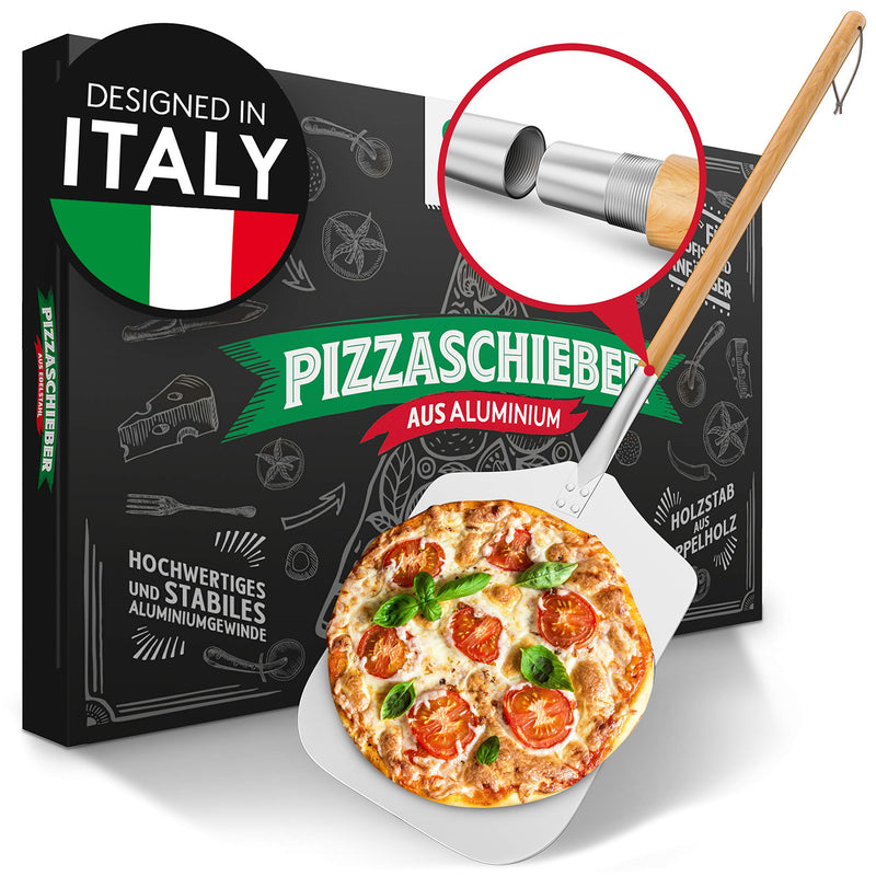 Pizza Divertimento [DAS ORIGINAL - Pizzaschieber - Pizzaschaufel aus rostfreiem Aluminium [83 cm]- Robustes Gewinde - Pizzaheber mit abgerundeten Kanten - Inkl. e-Rezeptbuch
